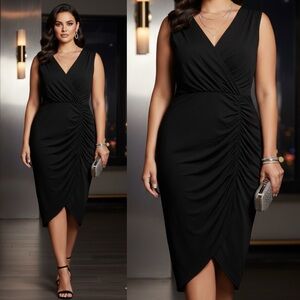 NWT Eliza J Sleeveless Faux Wrap Stretchy Drape Midi Dress Black Plus 22 Formal